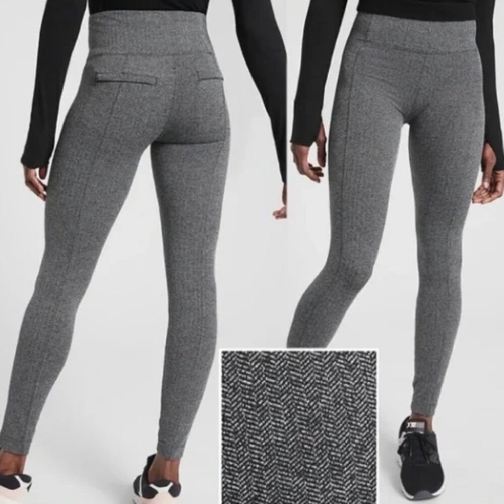 ATHLETA I Delancey Black & Grey Herringbone Pattern Tights Leggings Pants, S